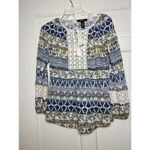 Style & Co Women’s PS Multi-Color Blue Knit Long Sleeve Crochet Accent Boho Top